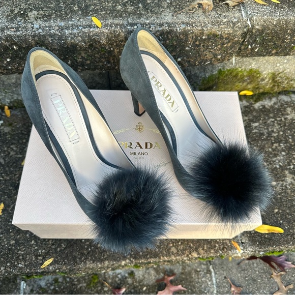 Prada Anthracite Suede Fur Pom Peep Toe Heels - Picture 3 of 7